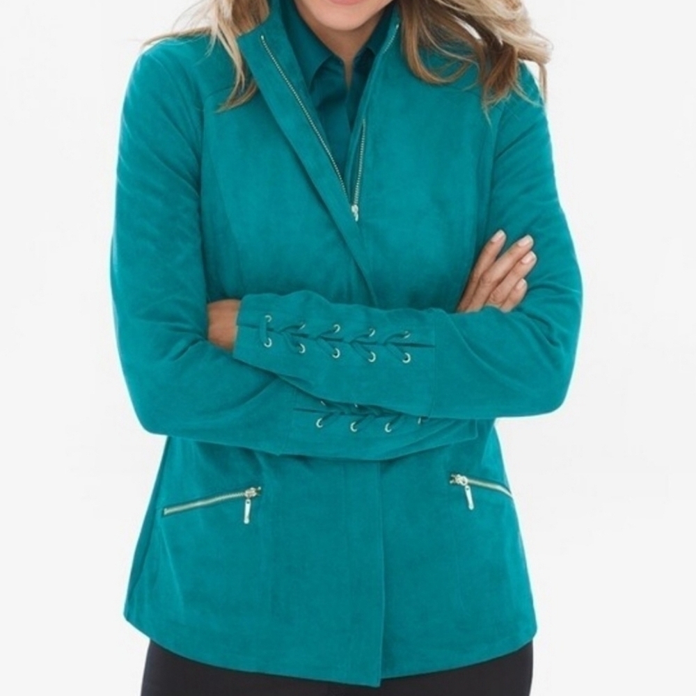 EUC CHICO'S BLUE TEAL BLAZER FAUX SUEDE FULL ZIP WOMEN'S MOTO JACKET SIZE 12/14